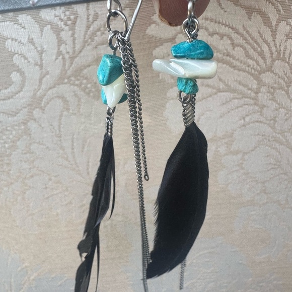Turquoise and Black Feather Earrings - Picture 2 of 7